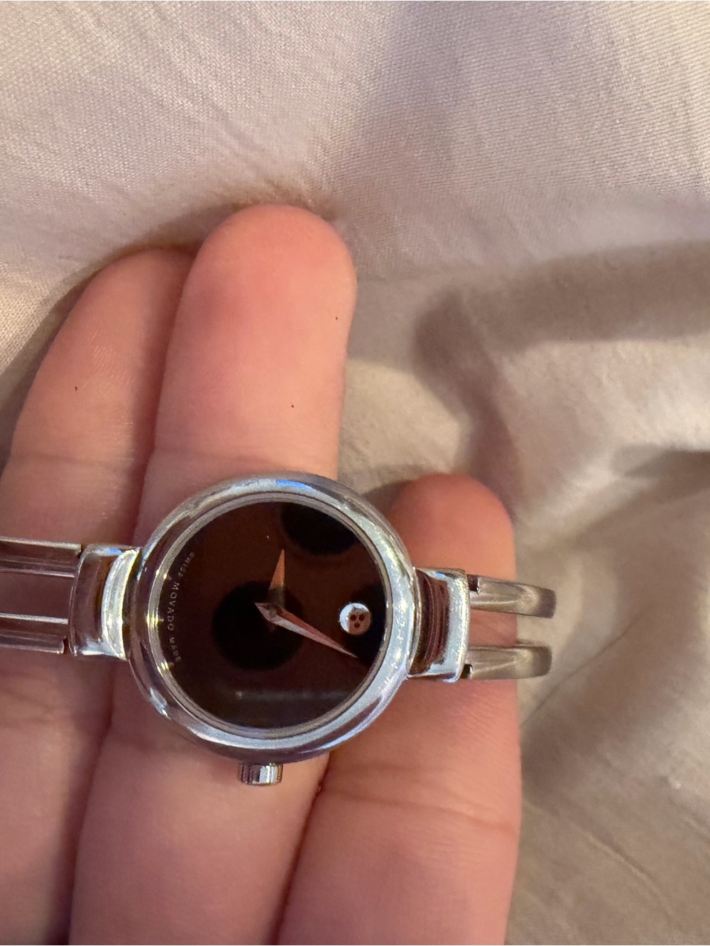 Silver Women's Movado Bracelet Watch with Black Dial
